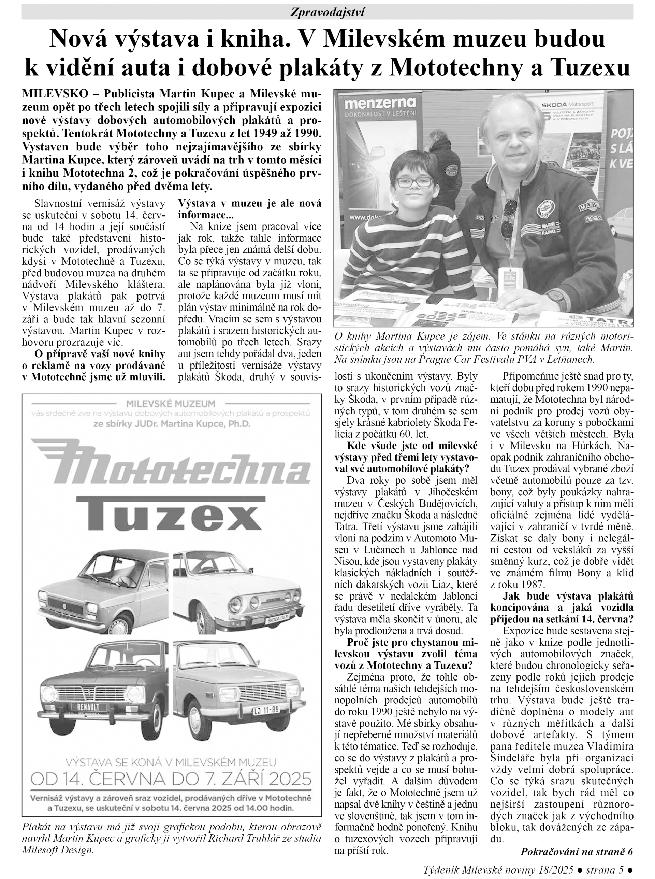 Milevské noviny - rozhovor k nové knize a výstavě Mototechna - Tuzex, květen 2025